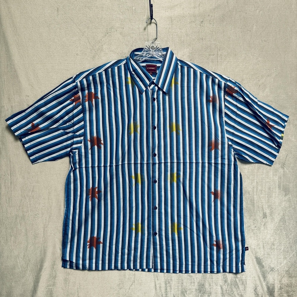 Conic Shirt Mens 2XL Blue Stripe Star Print Short Sleeve Button Up Lightweight